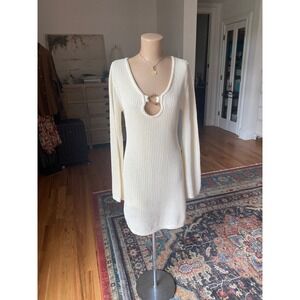 NWT Likely Cream Crochet Knit Keyhole Mini Dress with Gold Ring Hardware Size L